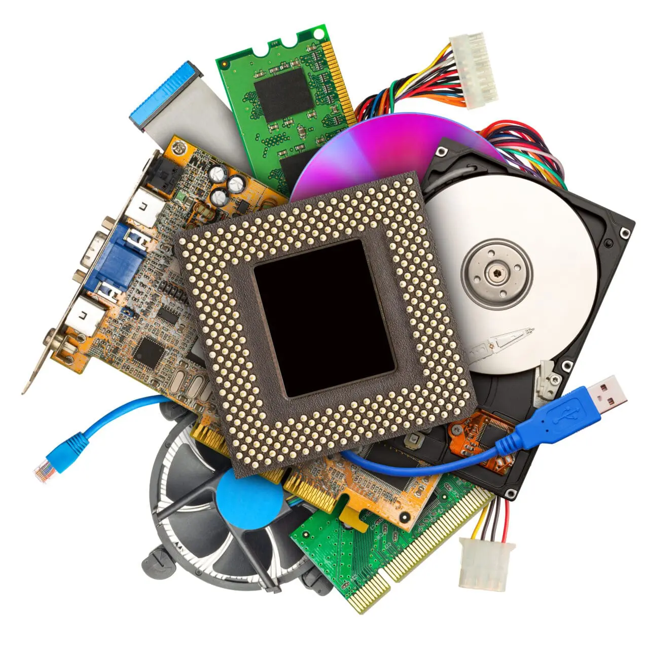 Pile of IT objects, such as wires, motherboard, USB's, etc