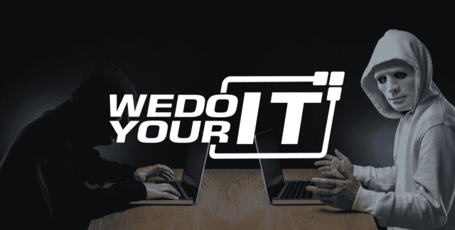 WeDoYourIT logo on background with people wearing masks sat at Mac laptops - Concept for Cyber Security