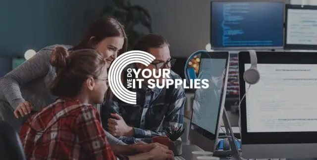 WeDoYourITSupplies white logo on background of workers sat together looking at a Mac computer screen