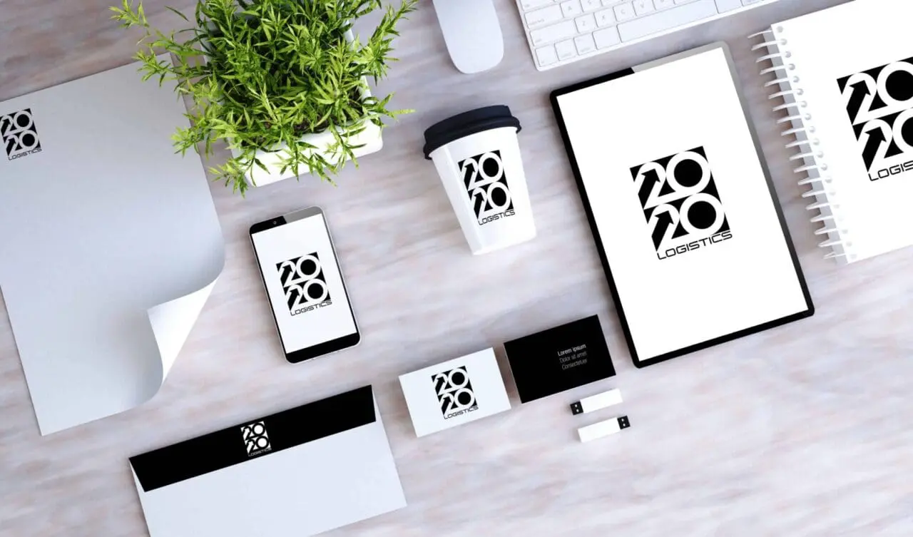 logistics logo on multiple items such as a mobile phone, coffee cup, notebook, folder - Branding
