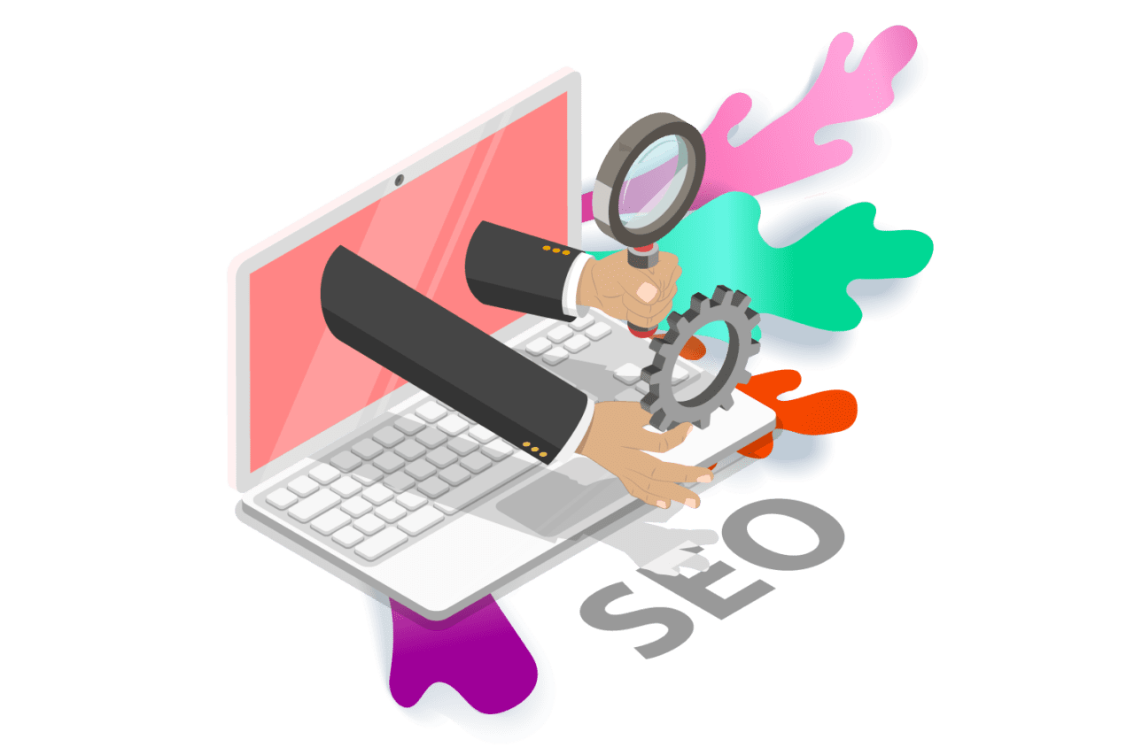 Cartoon image of laptop with hands and gear coming out of the screen - Represents SEO