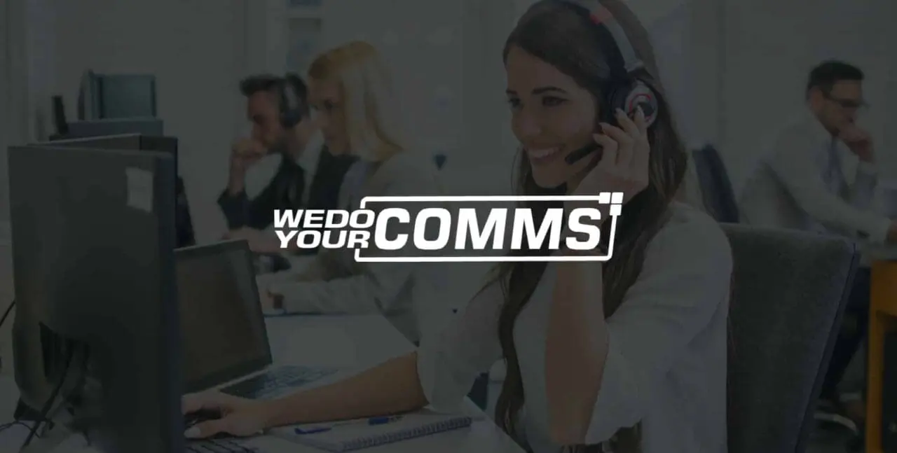 WeDoYourComms Logo on a background of an office worker smiling and talking on her headset