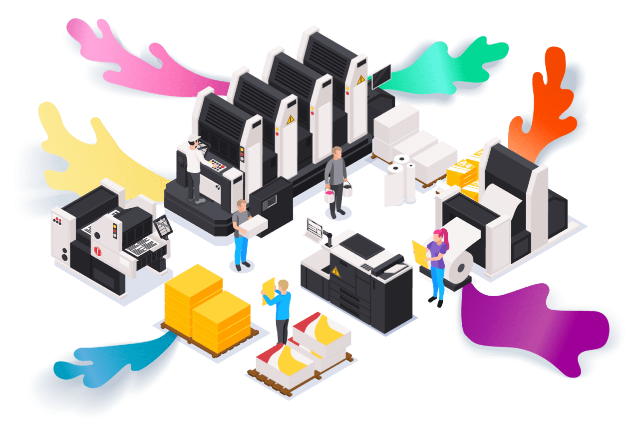 Printing men working on machines