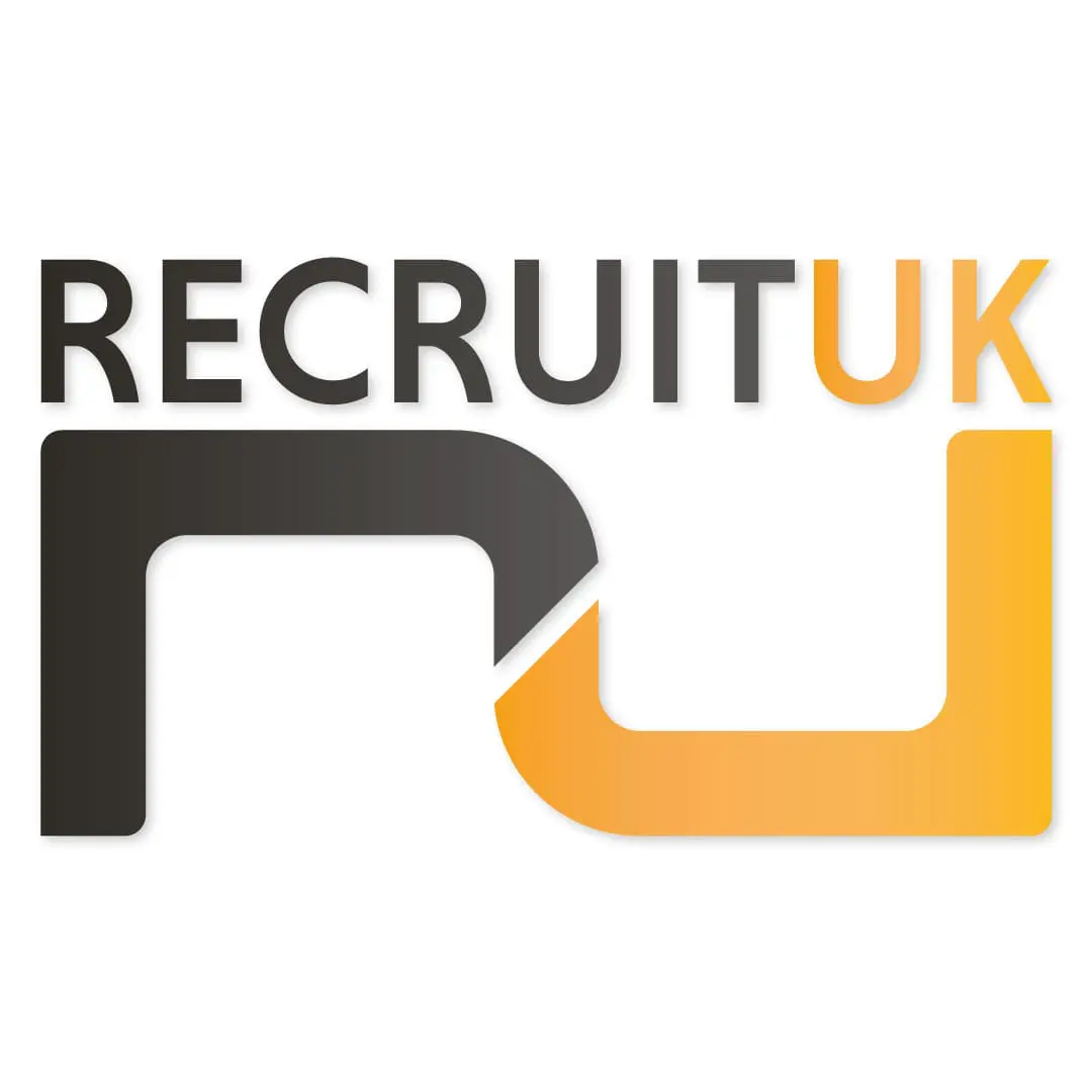 Recruit UK Rebranding different logo on white background with orange and black colouring