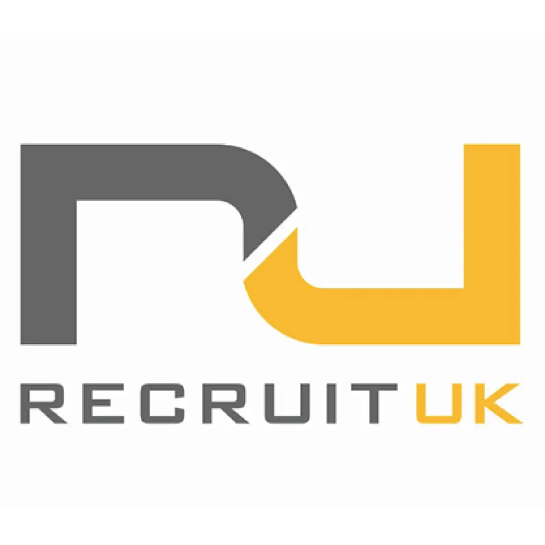 Recruit UK Rebranding different logo on white background with orange and black colouring