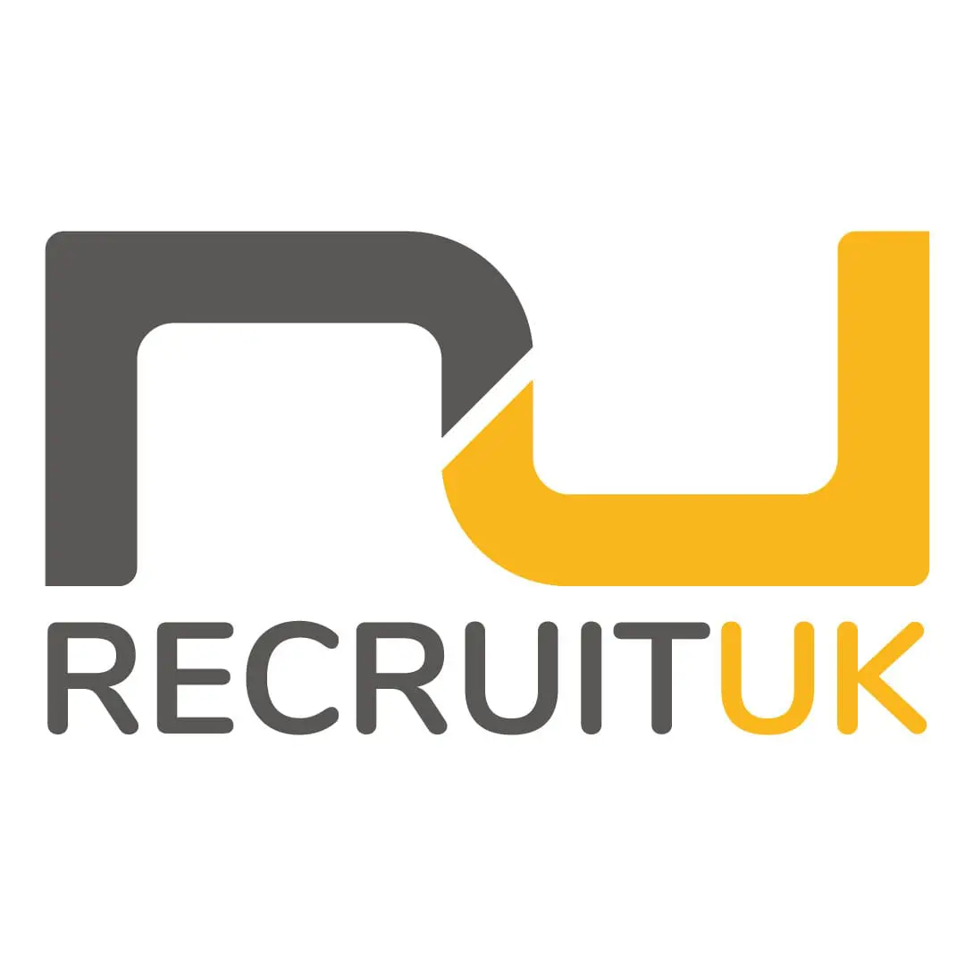 Recruit UK Rebranding different logo on white background with orange and black colouring
