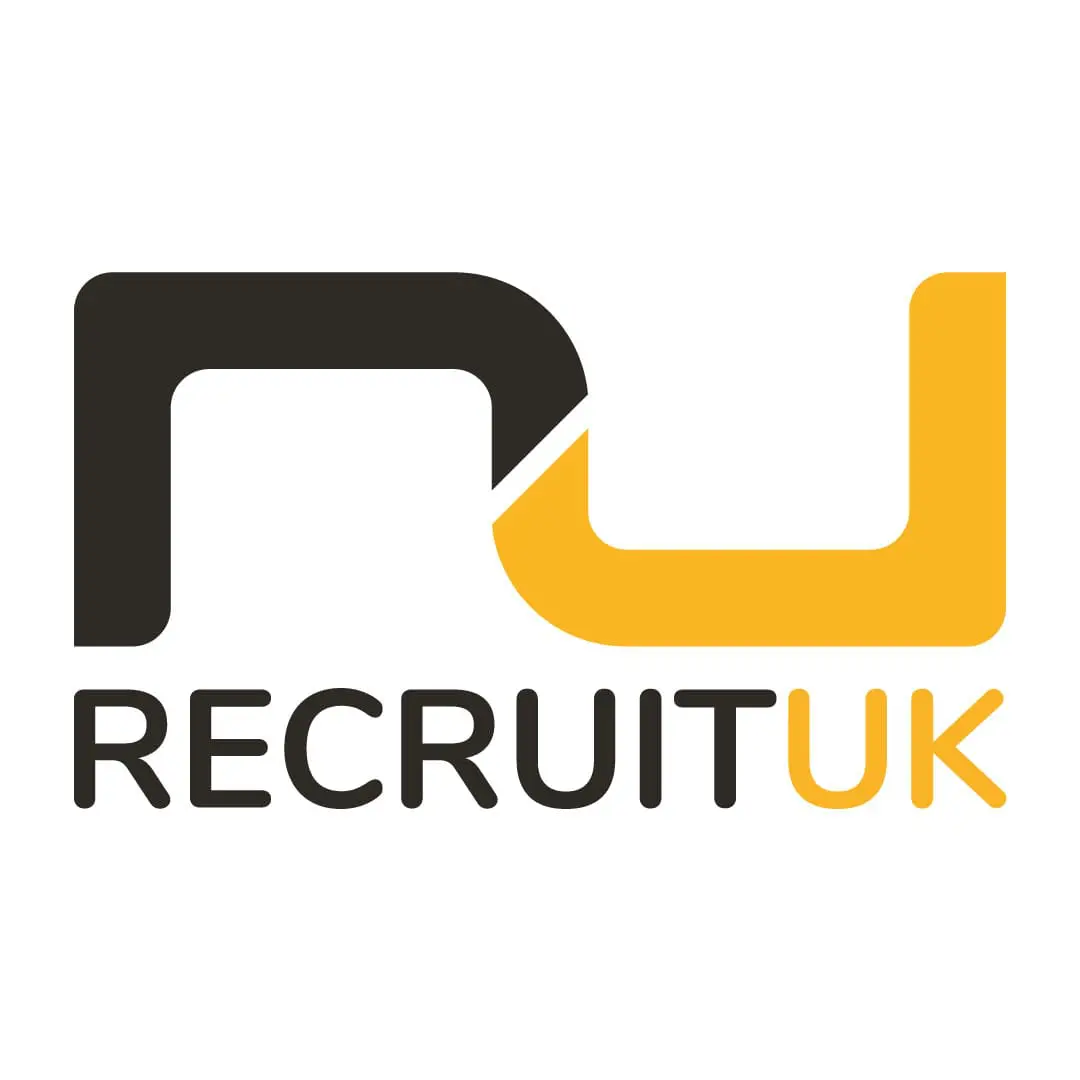 Recruit UK Rebranding different logo on white background with orange and black colouring