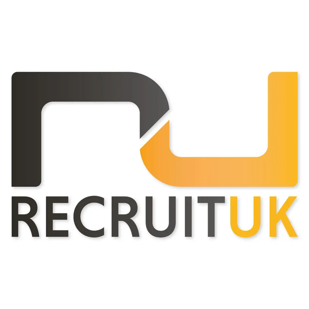 Recruit UK Rebranding different logo on white background with orange and black colouring