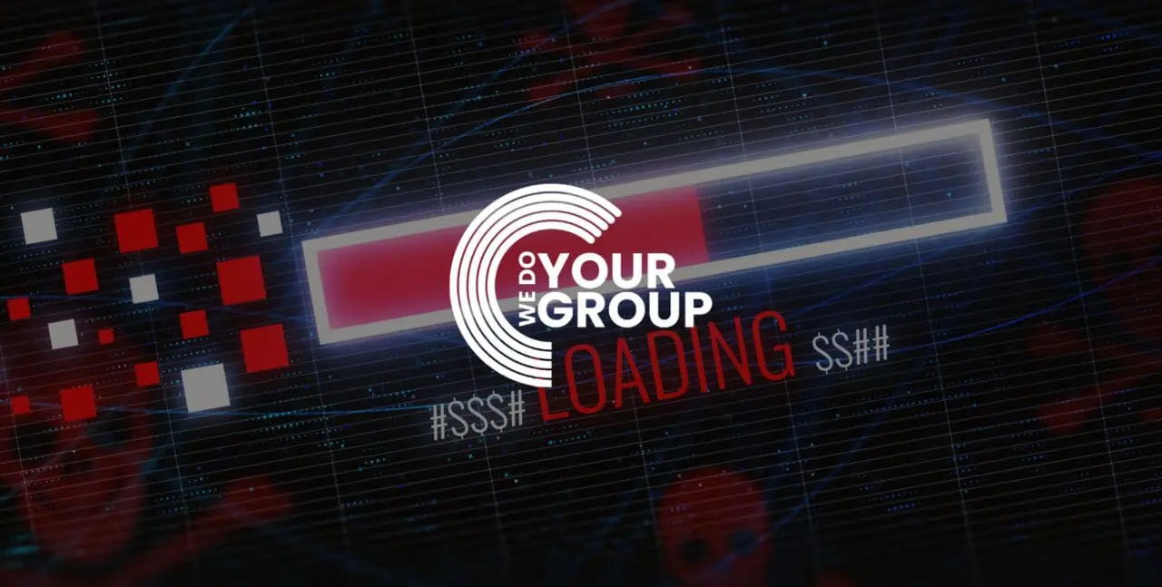 WeDoYourGroup white logo on background of loading symbol on laptop screen
