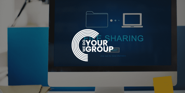 WeDoYourGroup white logo on background of Mac computer with 'File Sharing' on the screen