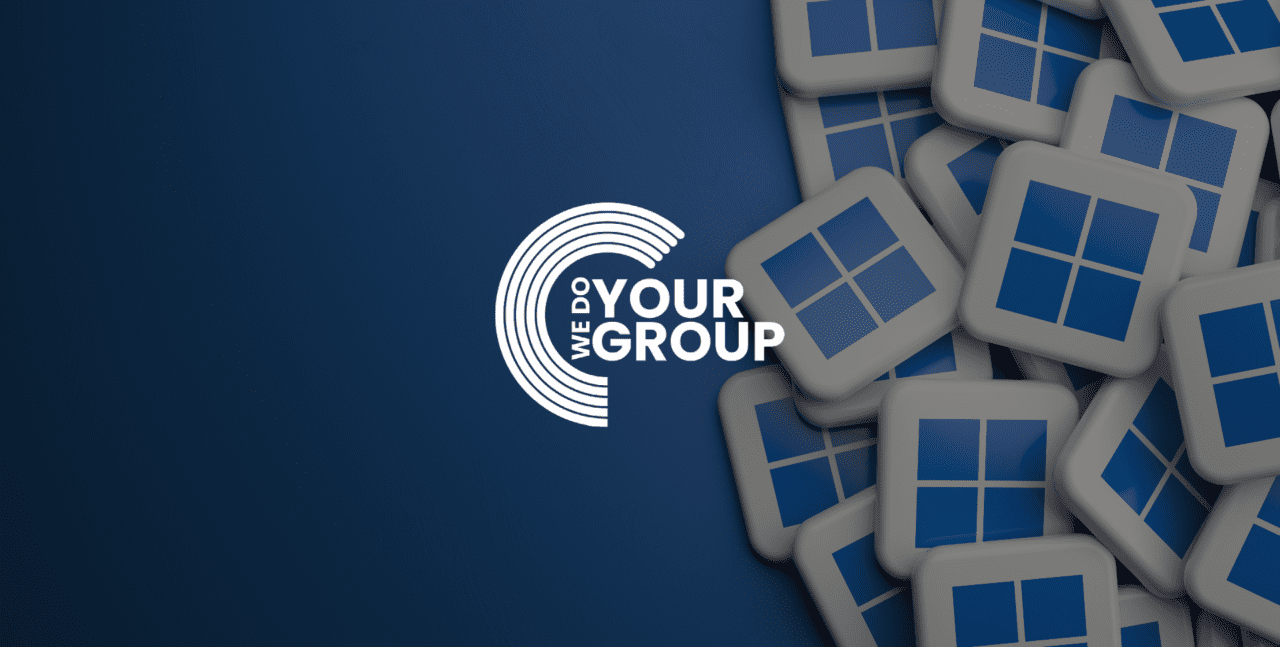 WeDoYourGroup white logo on background of Windows logo on blocks in pile