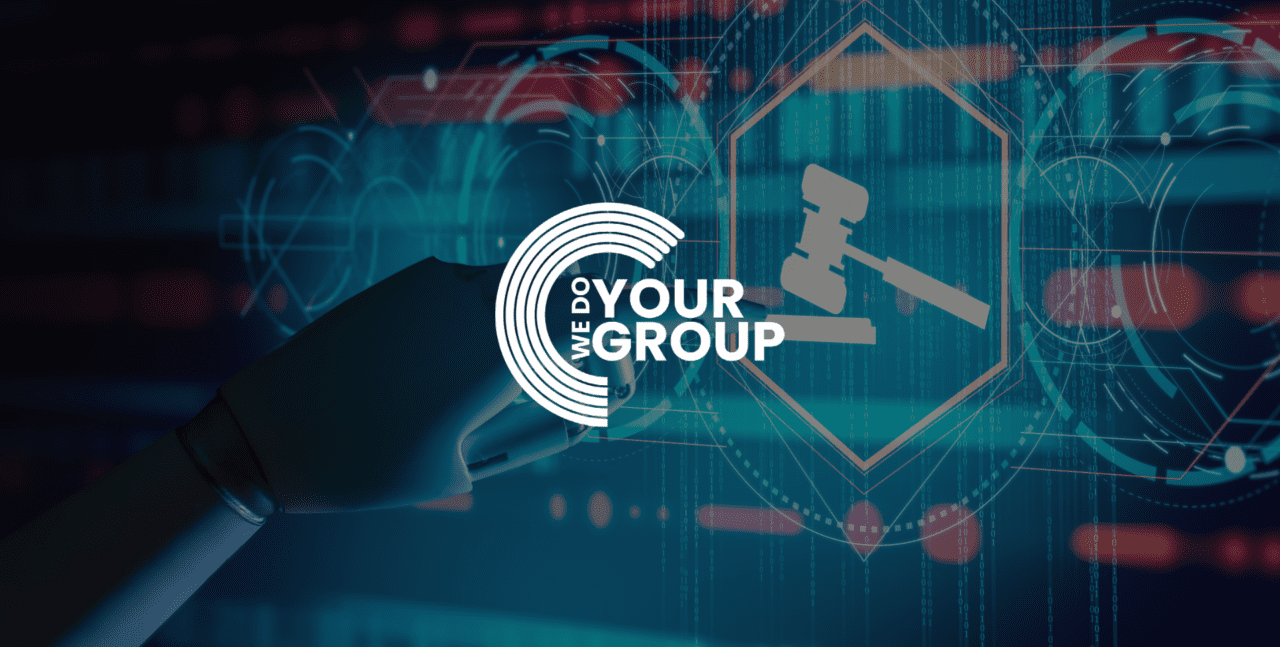 WeDoYourGroup white logo on background of Robot Hand touching Compliance Rules Law Regulation Policy Business Technology Interface