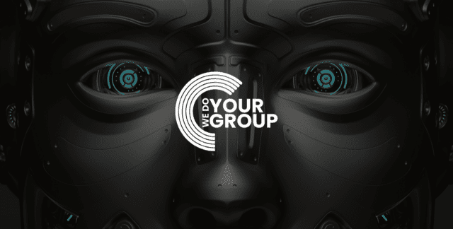 WeDoYourGroup White Logo on background with very detailed Futuristic Robot face