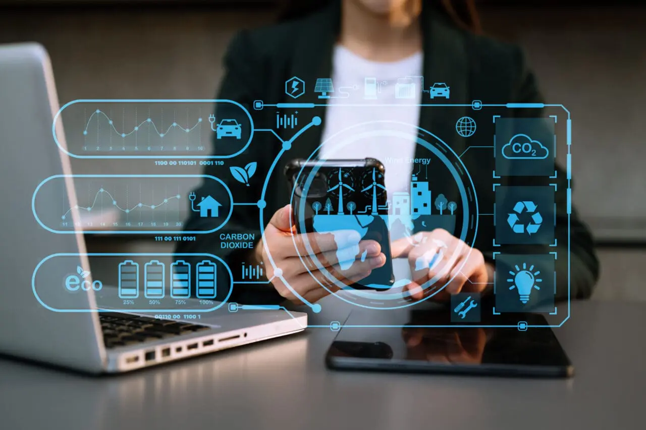 Business working with reduce CO2 concept with icons, global warming such as reforest green factory recycle and zero carbon dioxide emission concept. with VR icon