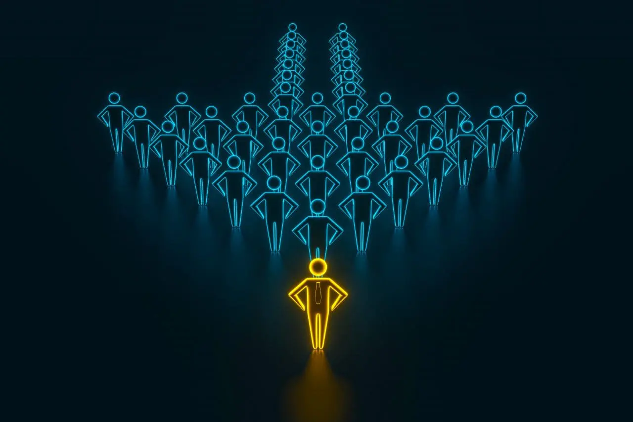 Leader in front of team of successful executives. A team of successful executives led by a great leader who stands in front of them. 3D rendering