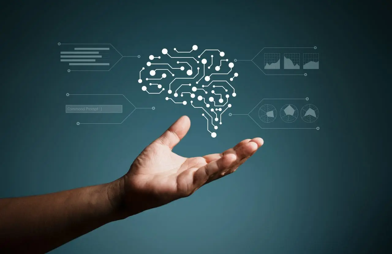 AI technology or Artificial Intelligence. Man using technology smart cloud AI by enter command prompt for generates result, Futuristic technology transformation. Chat with AI. New disruptive trends.