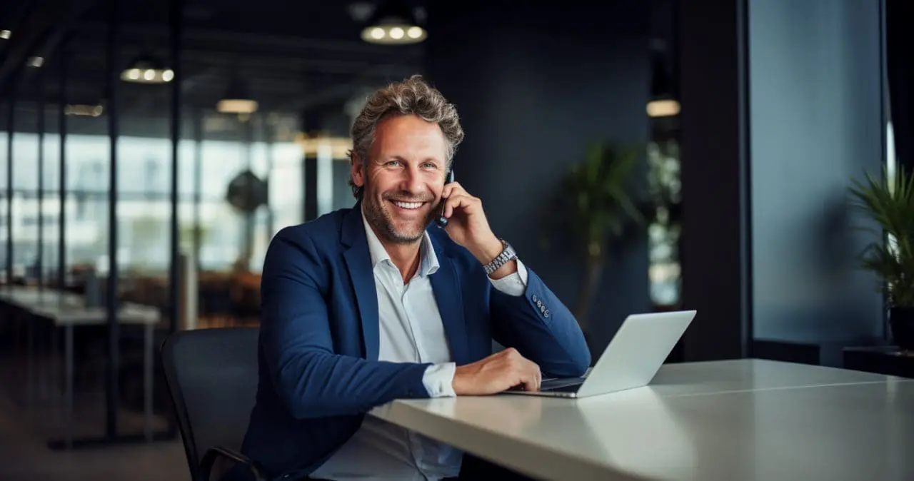 Smiling man on a b2b telesales phone call