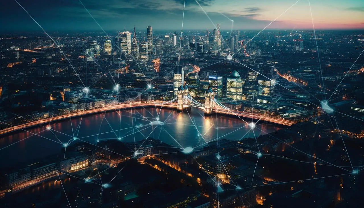 London's financial district, cityscape, and surroundings network connections for large data