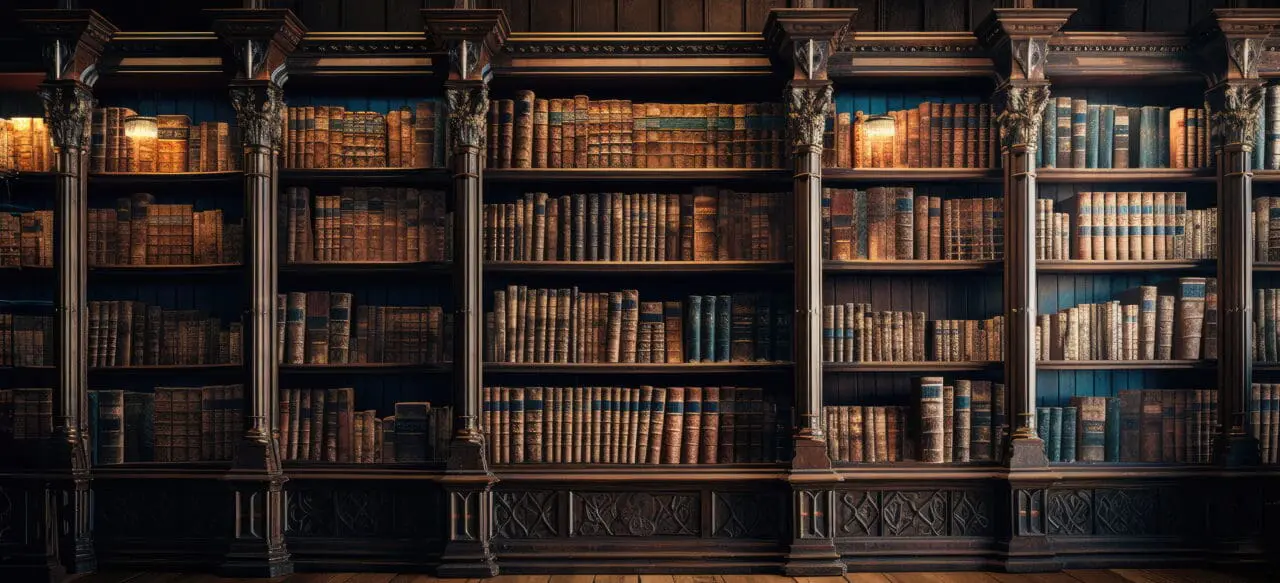 A Old ancient books, historical books. Collection of human knowledge concept. Wide format. Hand edited generative AI.