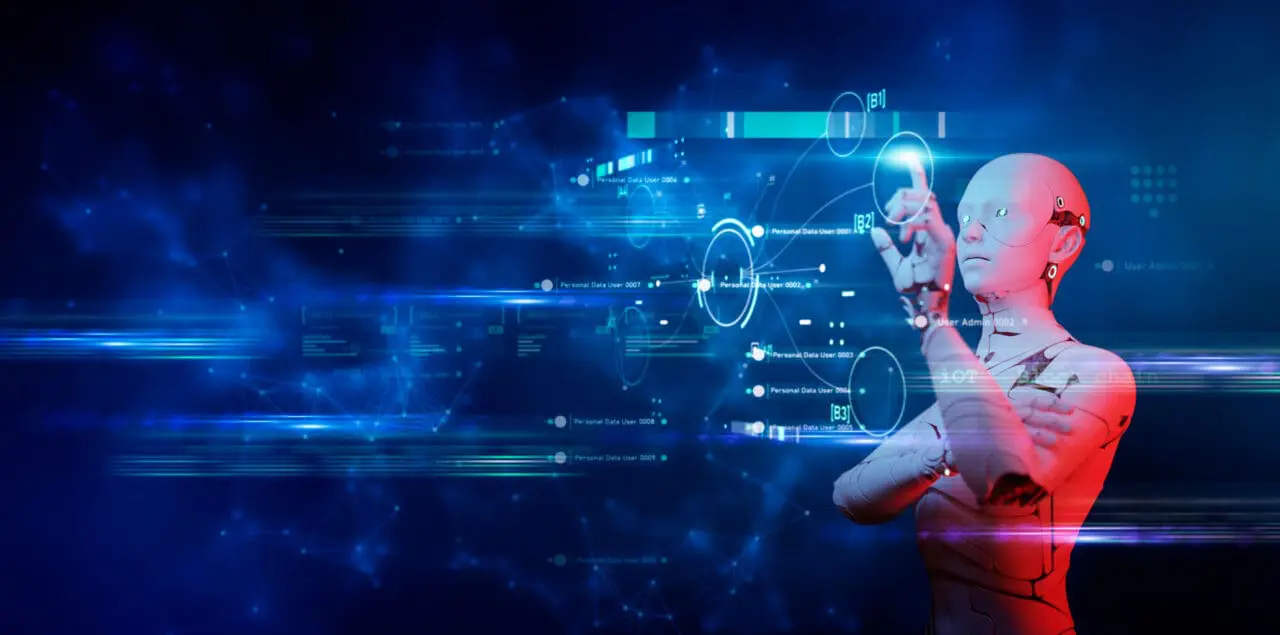 Cyber digital world android robot pointing finger computer codin