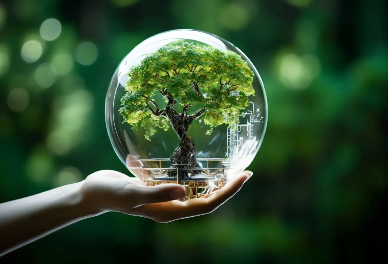 Earth crystal glass globe ball and tree in robot hand saving the environment, save a clean planet, ecology concept. technology science of environment concept for the development of sustainability.