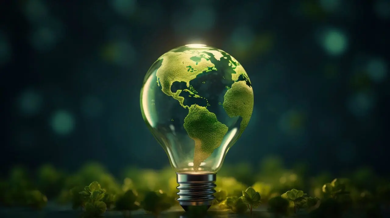 Renewable Energy.Environmental protection, renewable, sustainable energy sources. Green world map on the light bulb on green background .green energy. Renewable energy is important to the world
