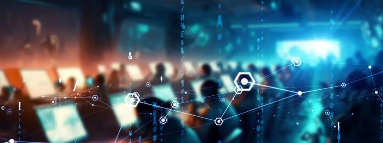 Group of people working in office and digital communication network concept.