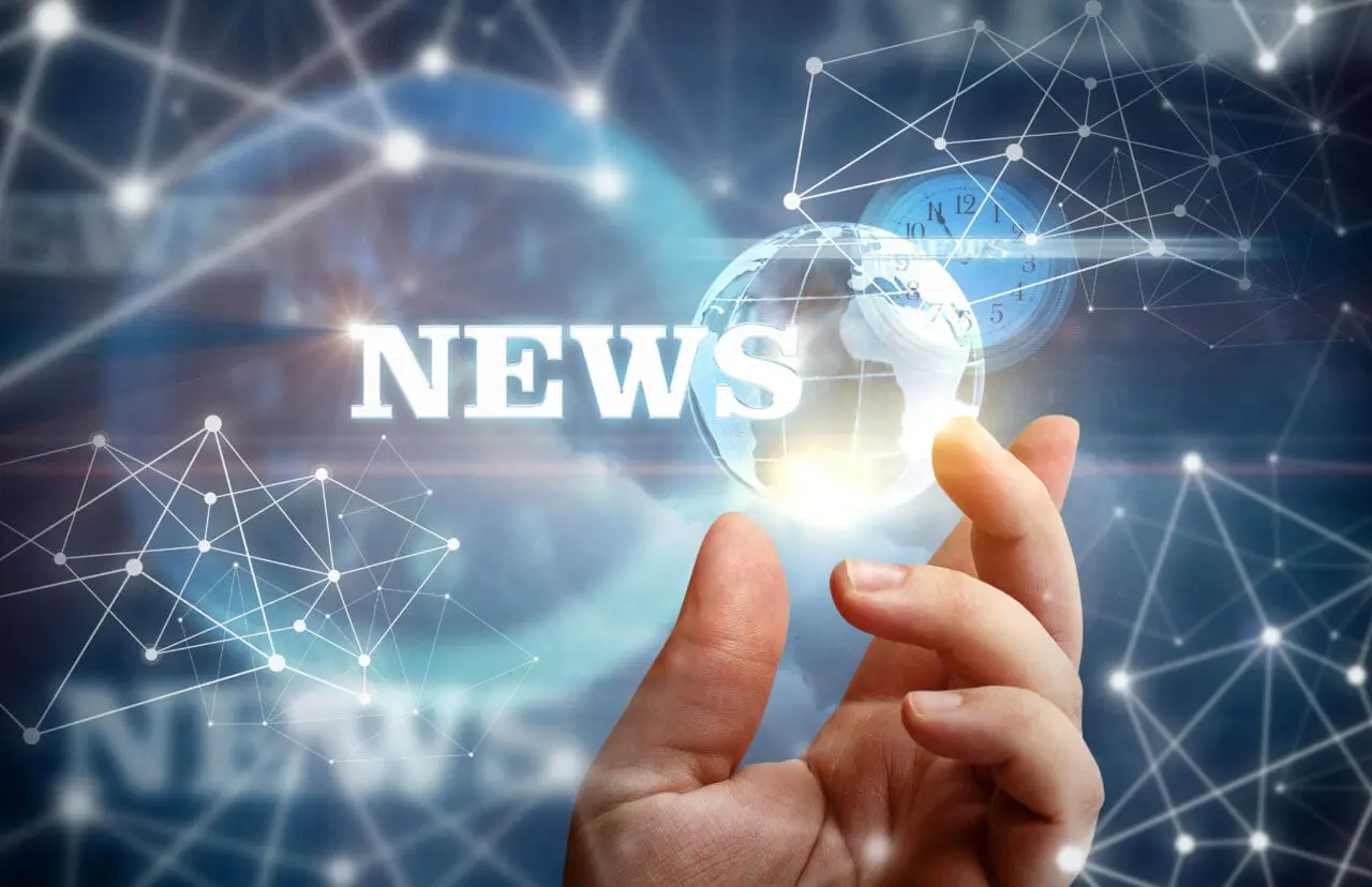 Hand show news network on blue background.