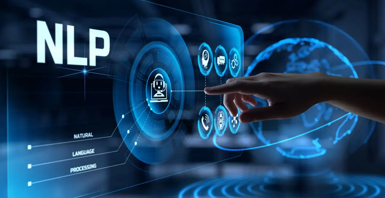 NLP Natural Language processing neural network concept. Hand pressing button on screen.