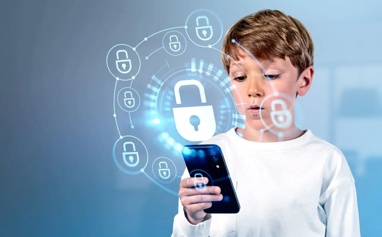 Child school boy with smartphone, digital cybersecurity hologram with glowing lock circuit. Cybersecurity hud and connection. Concept of data protection