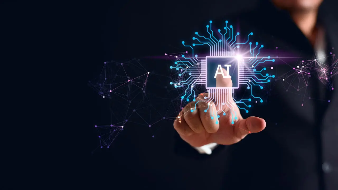 Artificial intelligence AI circuit board in shape electronic PCB circuit icon symbol on businessman hand finger touching with cyberpunk neon cyberspace lighting. Innovative technology Machine learning