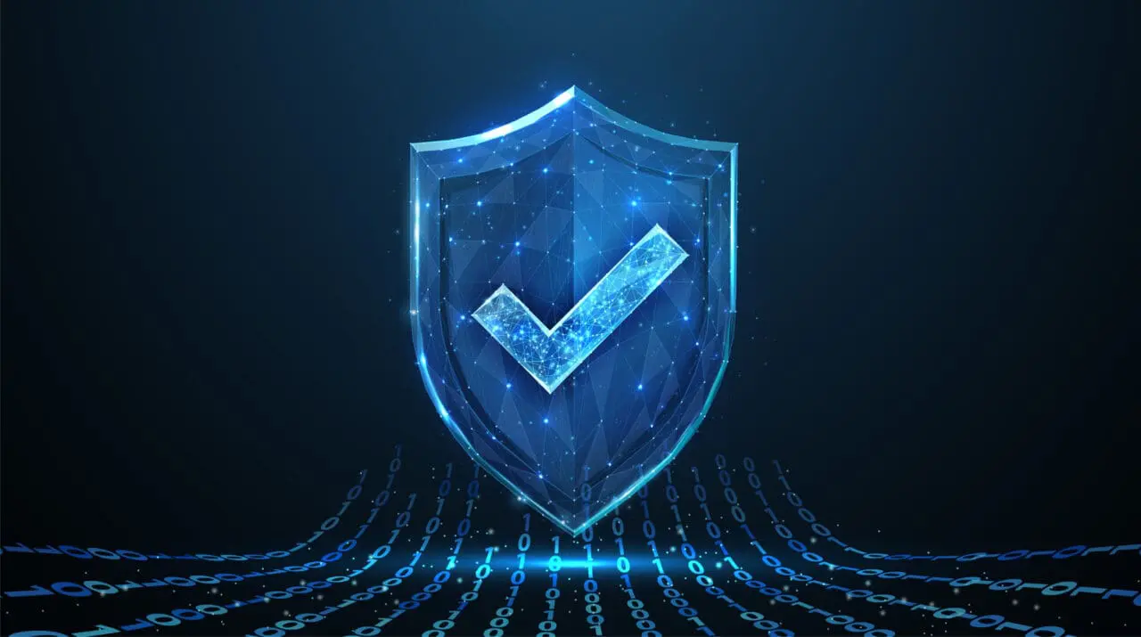 Secure technology. Polygonal wireframe shield with check mark sign on dark blue.