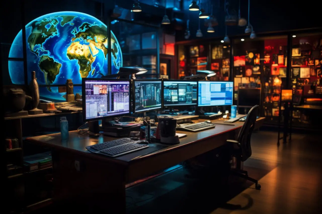 Newsroom with screens displaying real-time updates and social media feeds, Generative AI