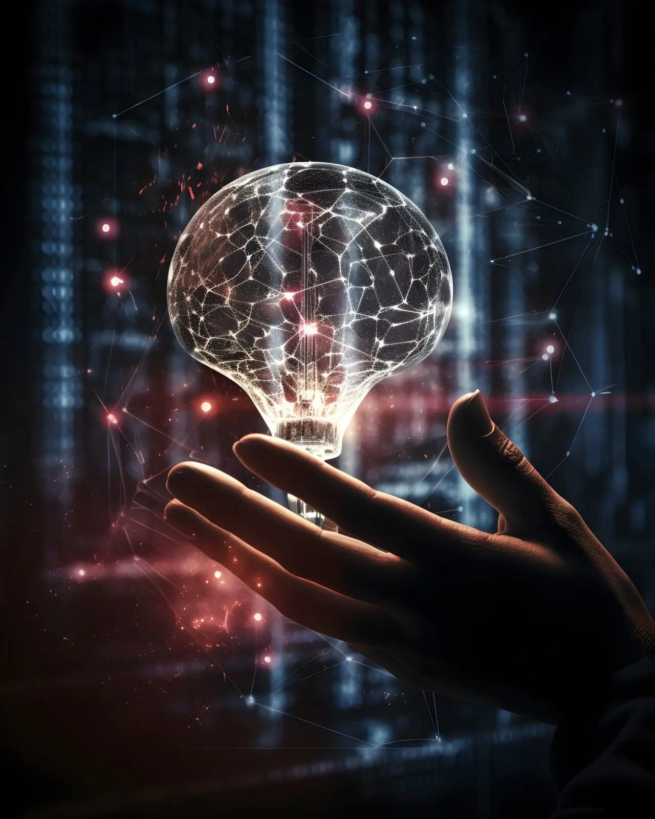 AI, machine learning, & big data merge in this futuristic image of human-robot interaction, with a brain data-powered light bulb symbolizing innovation in science & technology.