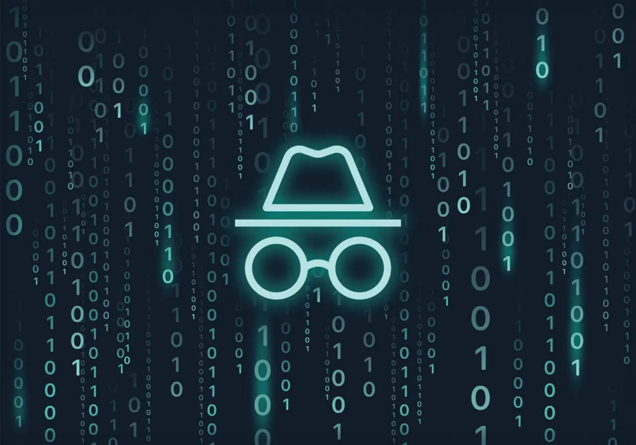 Blue neon incognito mode sign on futuristic program code background. Incognito coding and network connection on incognito mode vector background. VPN background.