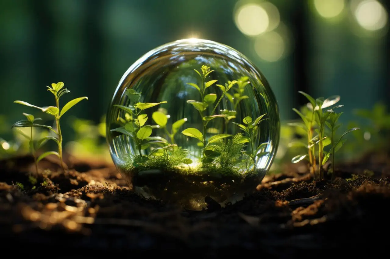 Glass globe encircled by verdant forest flora, symbolizing nature, environment, sustainability, ESG, and climate change awareness, generative ai