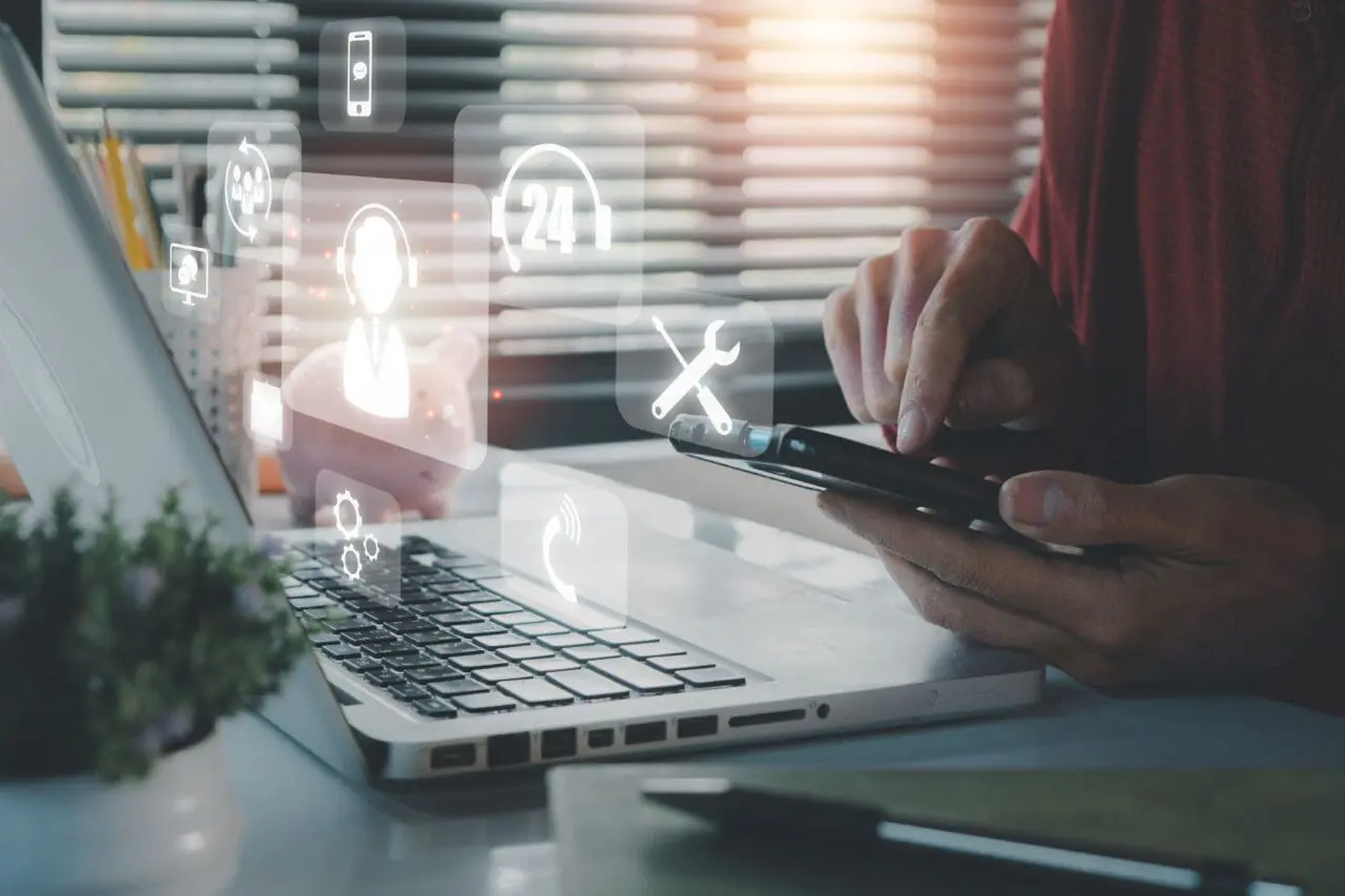 Technical support customer service concept, Person hand using smart phone with VR screen support customer icon, Technology internet concept, it support, call center and customer service help.