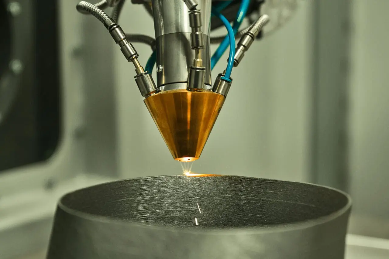 3d metal printing part of powder detail in plant laboratory macro view.