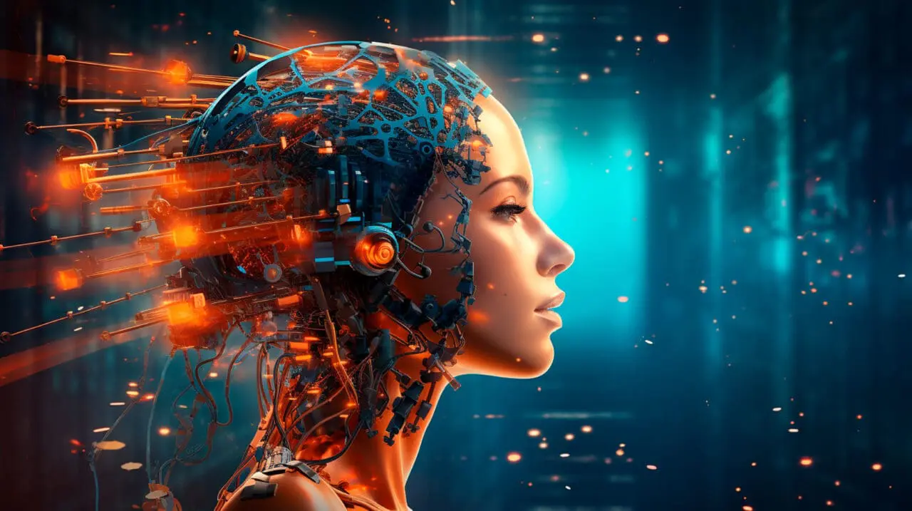 the cyborg woman face and abstract elements.