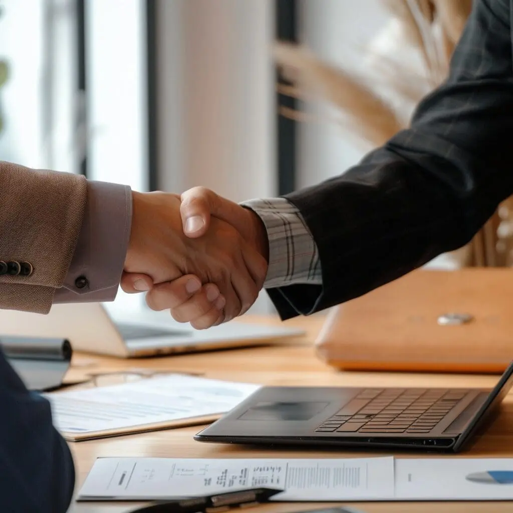 two people shaking hands after one of them got hired