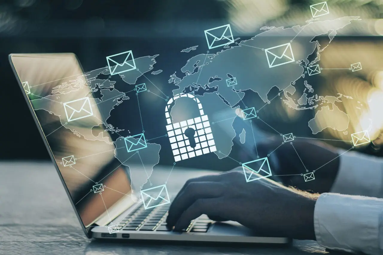 Side view of hands using notebook with glowing padlock network interface on blurry outdoor background. Protection, antivirus and communication concept. Double exposure
