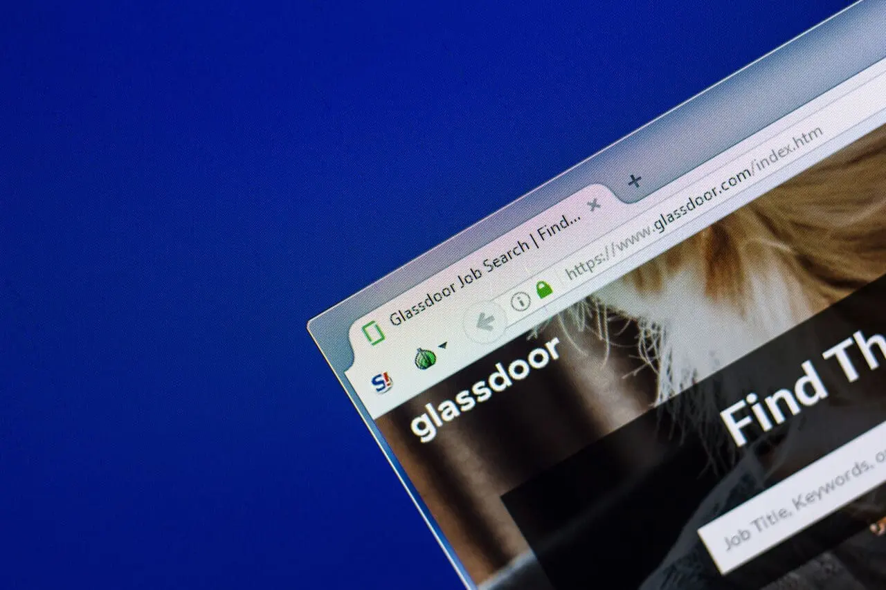 Homepage of Glassdoor website on the display of PC, url - Glassdoor.com.