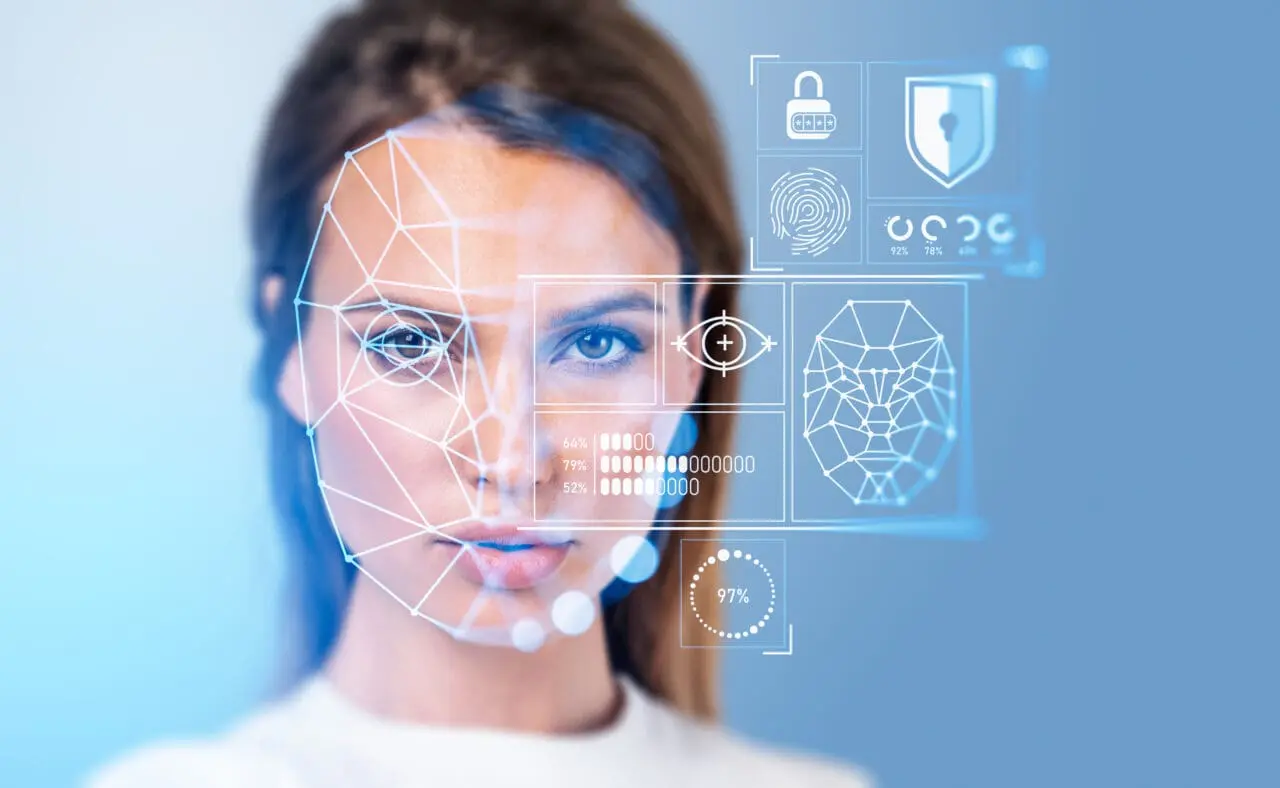 Beautiful woman and eye with digital biometric scanning and data analysis. Face detection and scanner. Concept of face id and artificial intelligence