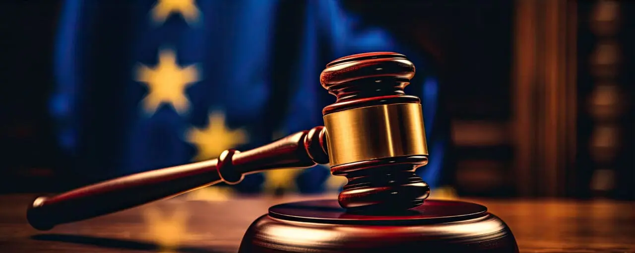 Judges wooden gavel with EU flag in the background. Law and court. generative ai