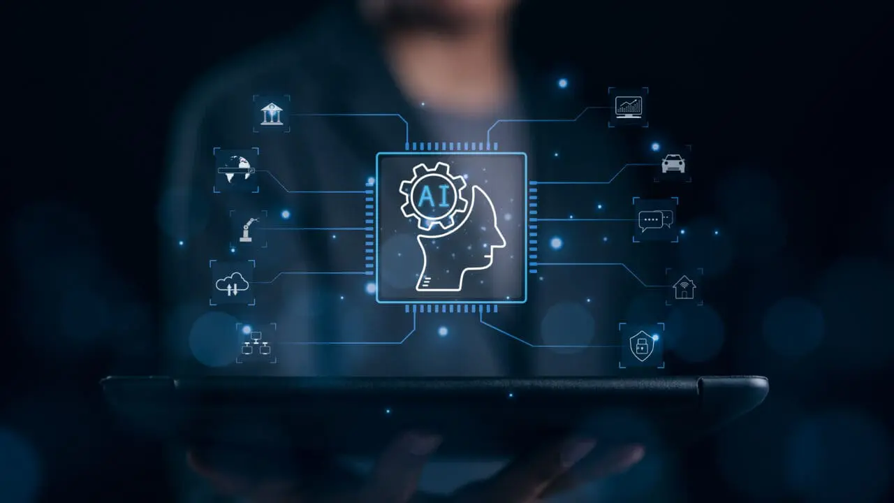 Businessman uses AI software technology for business tasks and daily life. Ai chat and command prompt to generate answer what he wants. smart robot automation system, Chatbot intelligent assistant,