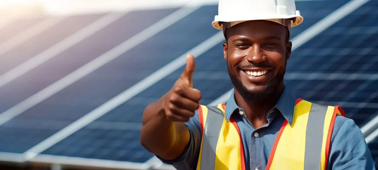 A happy worker is giving thumbs up for using solar panels and smiling at the camera.