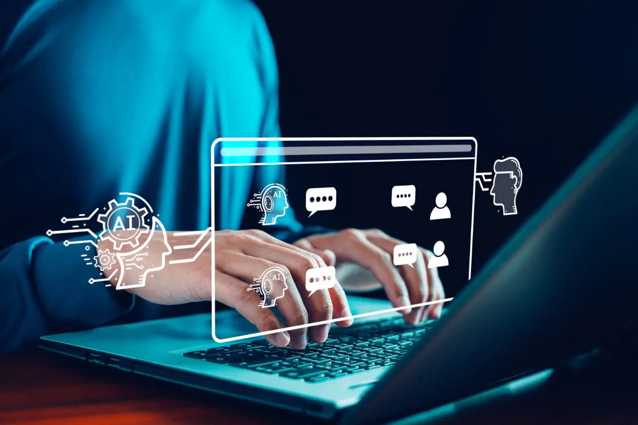 AI chatbot conversation using artificial intelligence technology smart robot AI, Generative AI, Answer, Businessman using AI to generate something, Customer support, laptop, assistant, Chat interface.