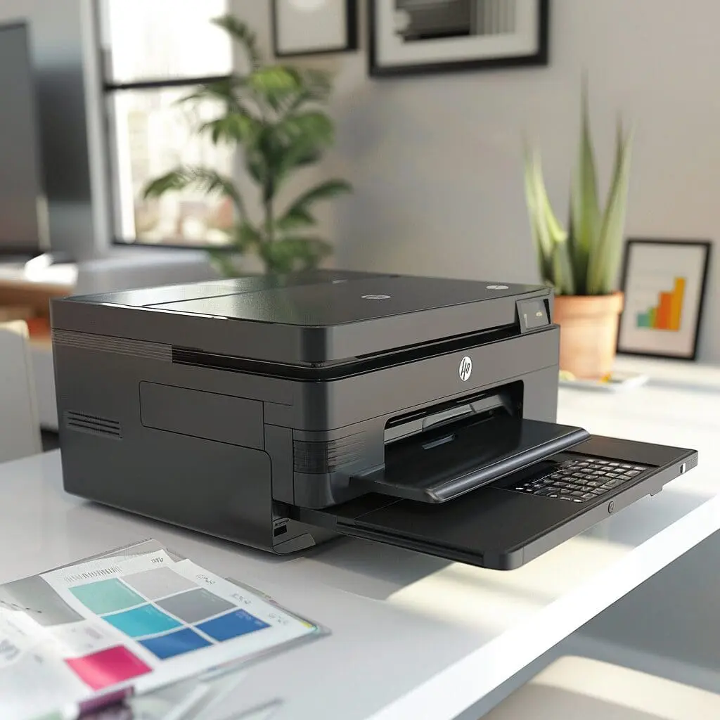 a HP printer on a desk in a office