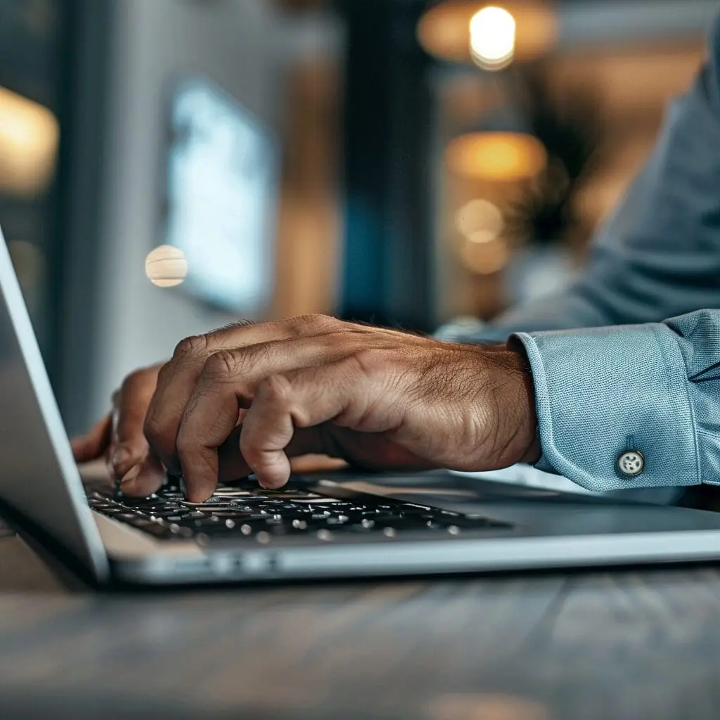 a person on a laptop in a office using linkedin