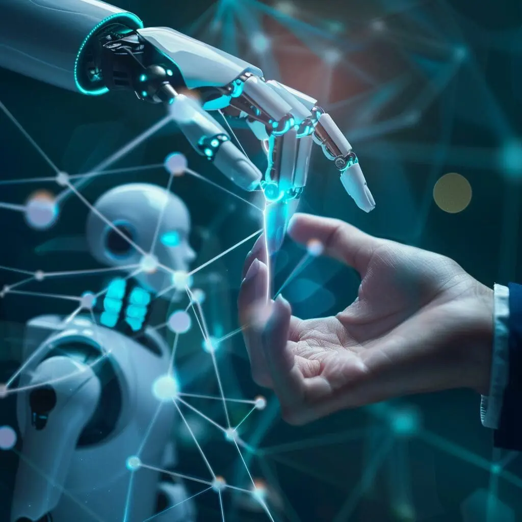 ai learning machine and robot hand touching human hand